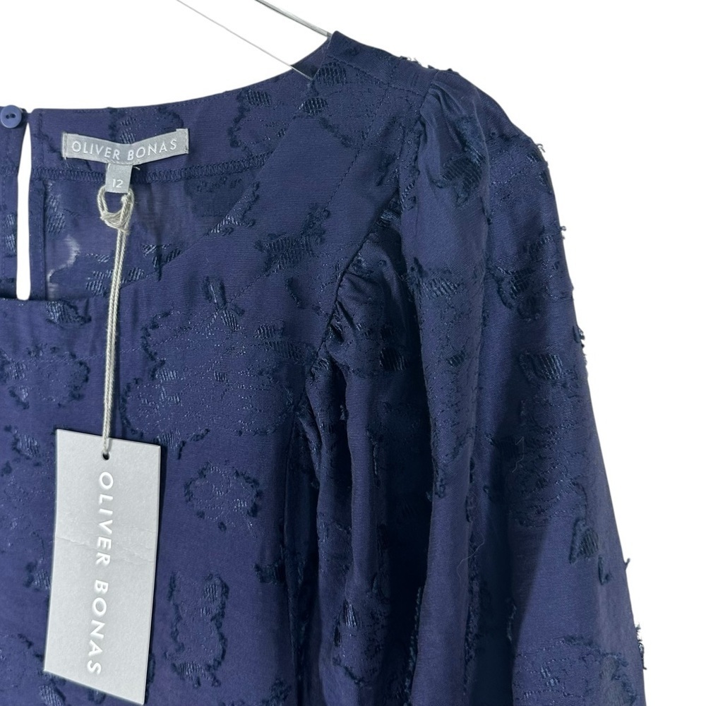 OLIVER BONAS Navy Blue Textured Flowy Blouse with Puff Sleeve Size 12 - Picture 3 of 8